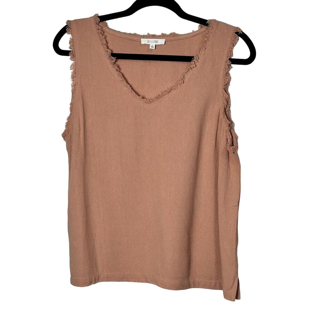 SAGE & CITRUS Women’s Salmon V-Neck Sleeveless Fringe Boho Top Linen Blend Large